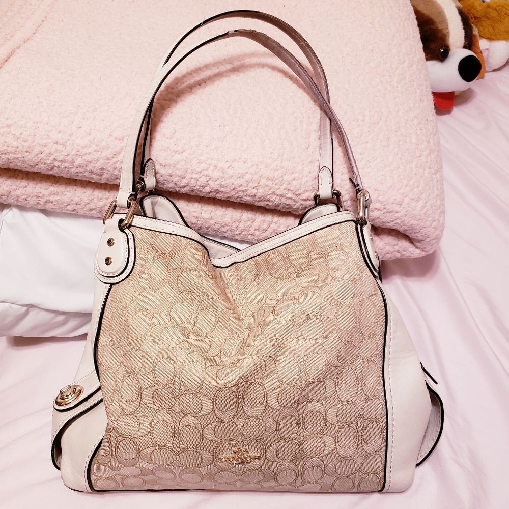 Coach White khaki leather fabric logo handbag